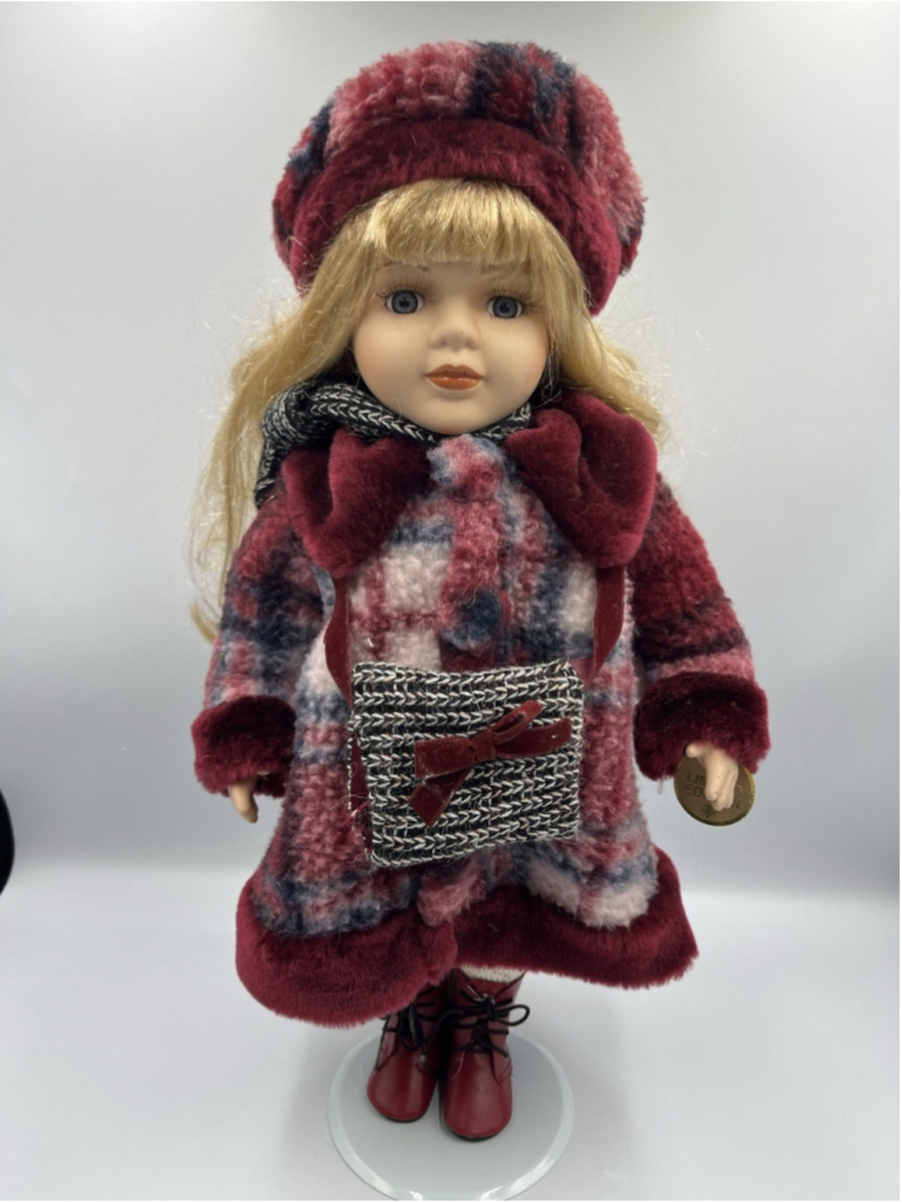 Collectors Choice Porcelain Doll 16” Red Wool Coat Hat Blonde Blue Eyes PRETTY